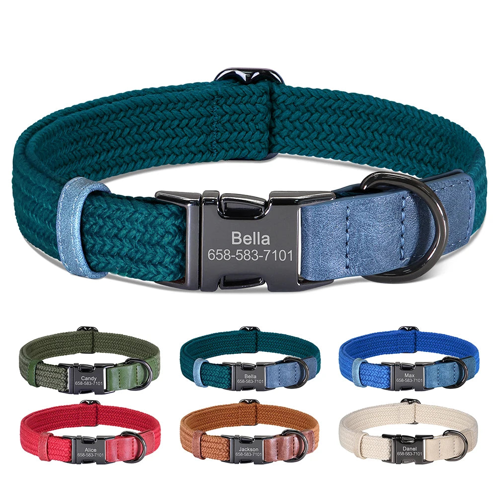 Custom Dog Nylon Collar Engraved Pet Name Buckle Necklace Adjustable