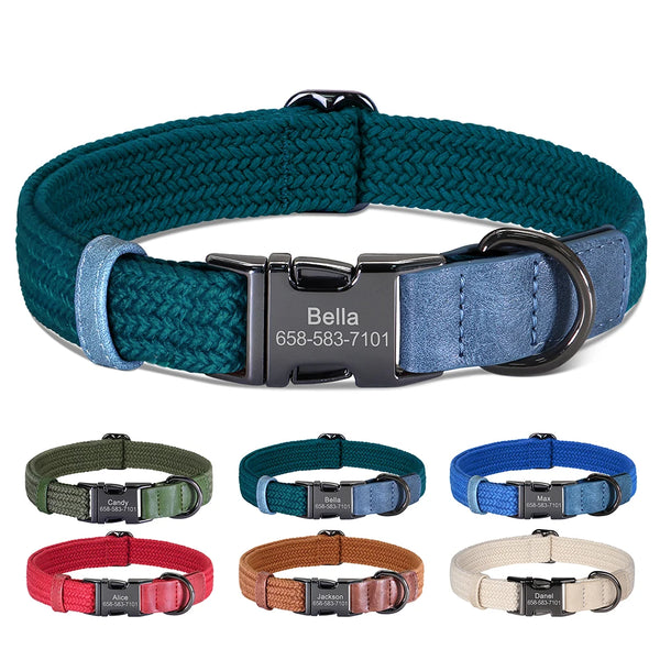 Custom Dog Nylon Collar Engraved Pet Name Buckle Necklace Adjustable