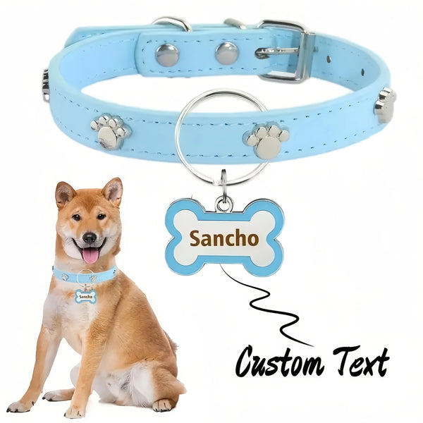 Customized Leather Dog Collar With Bone-Shaped Tag