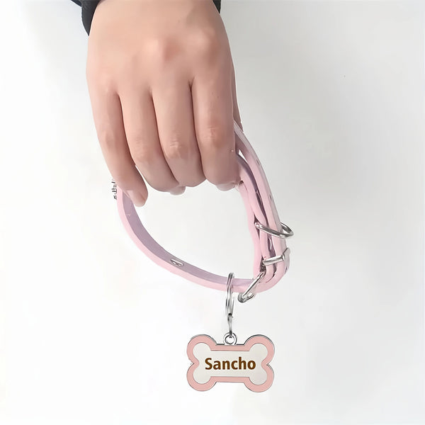 Customized Leather Dog Collar With Bone-Shaped Tag