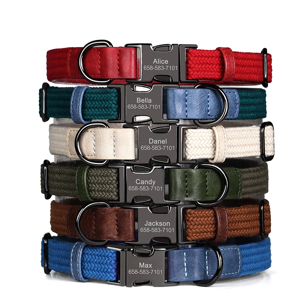 Custom Dog Nylon Collar Engraved Pet Name Buckle Necklace Adjustable